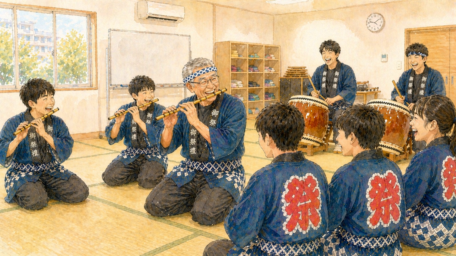 お囃子の練習風景のイラスト